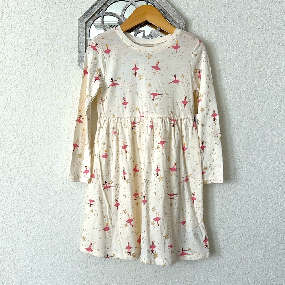 Old Navy • Girls NWT Cream Pink Ballerina Gold Star Long Sleeve Dress